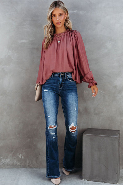 Red Frilled Neck Ruffled Long Sleeve Blouse