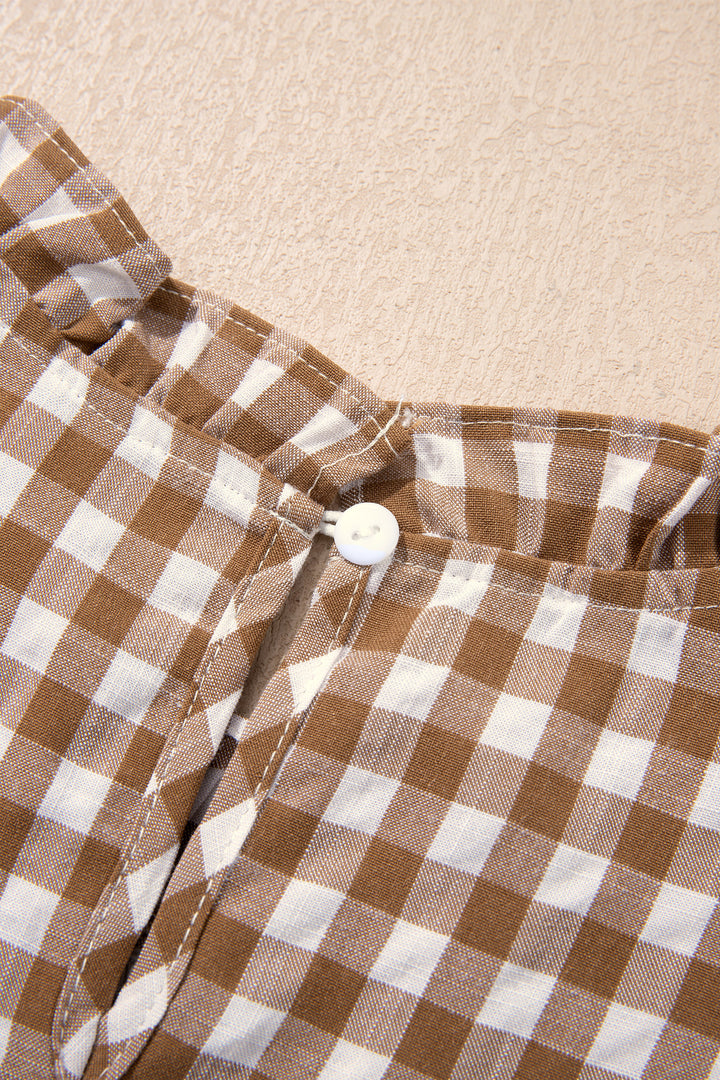 Brown 3/4 Sleeve Shirred Plaid Peplum Top