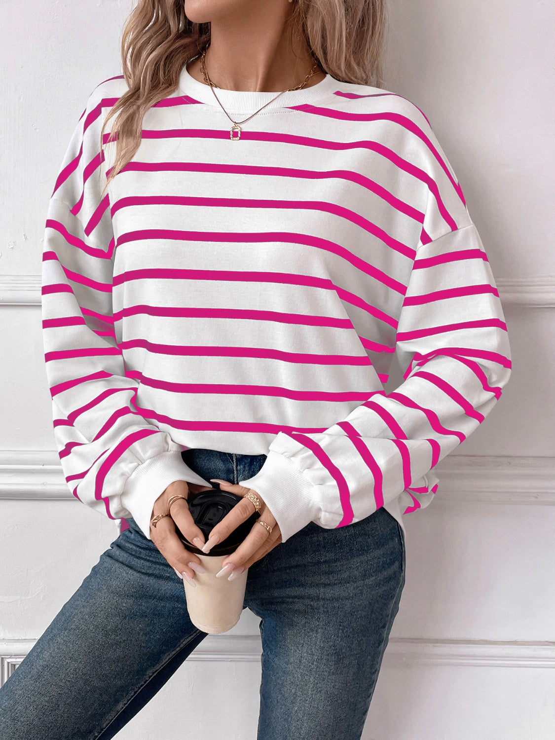 Lovelet Striped Round Neck Long Sleeve Sweatshirt