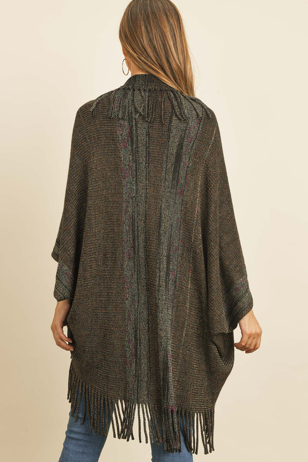 Fringe Stripe Open Front Kimono