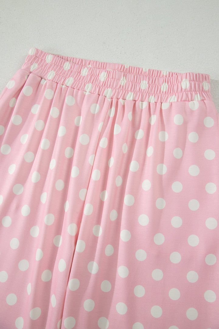 Pink Polka Dot Print Mock Neck Short Sleeve Top Shift Pant Set