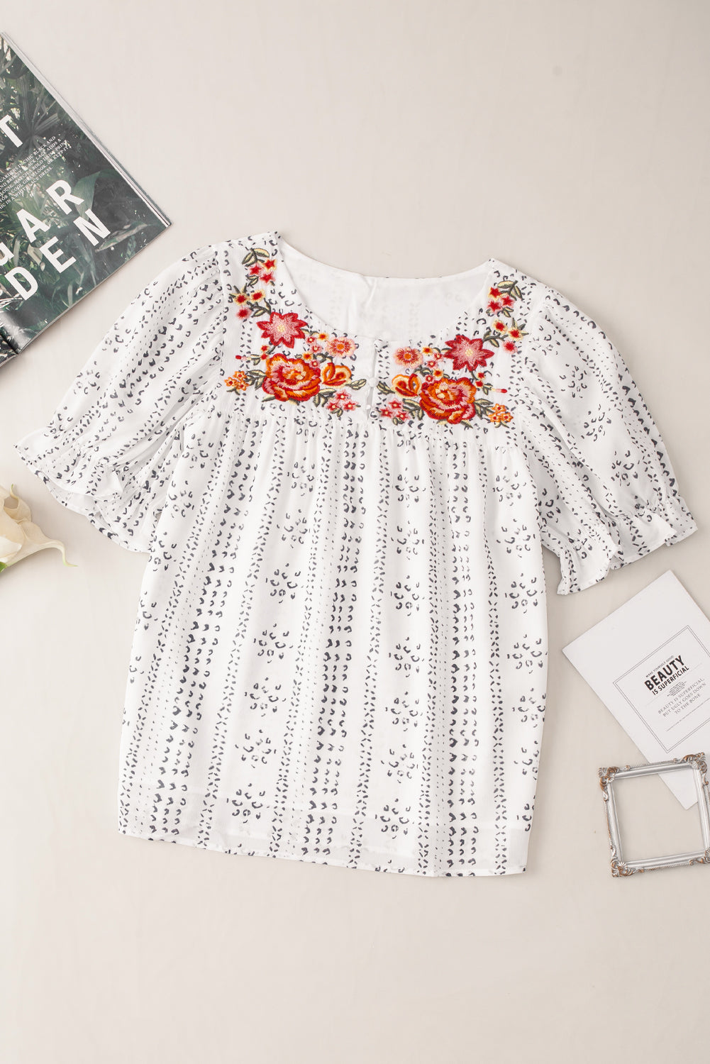 White Floral Embroidered Ethnic Printed Crinkle Blouse