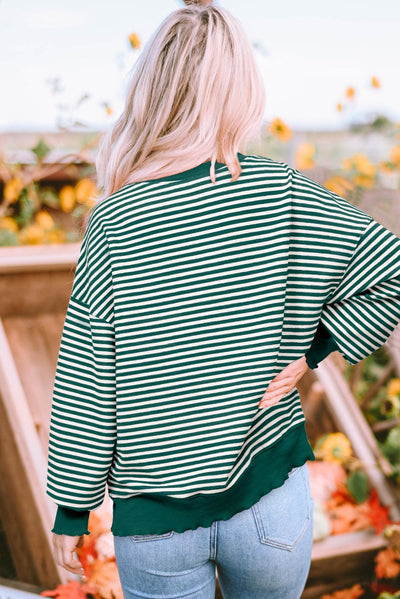 Green Stripe Loose Drop Shoulder Long Sleeve Top