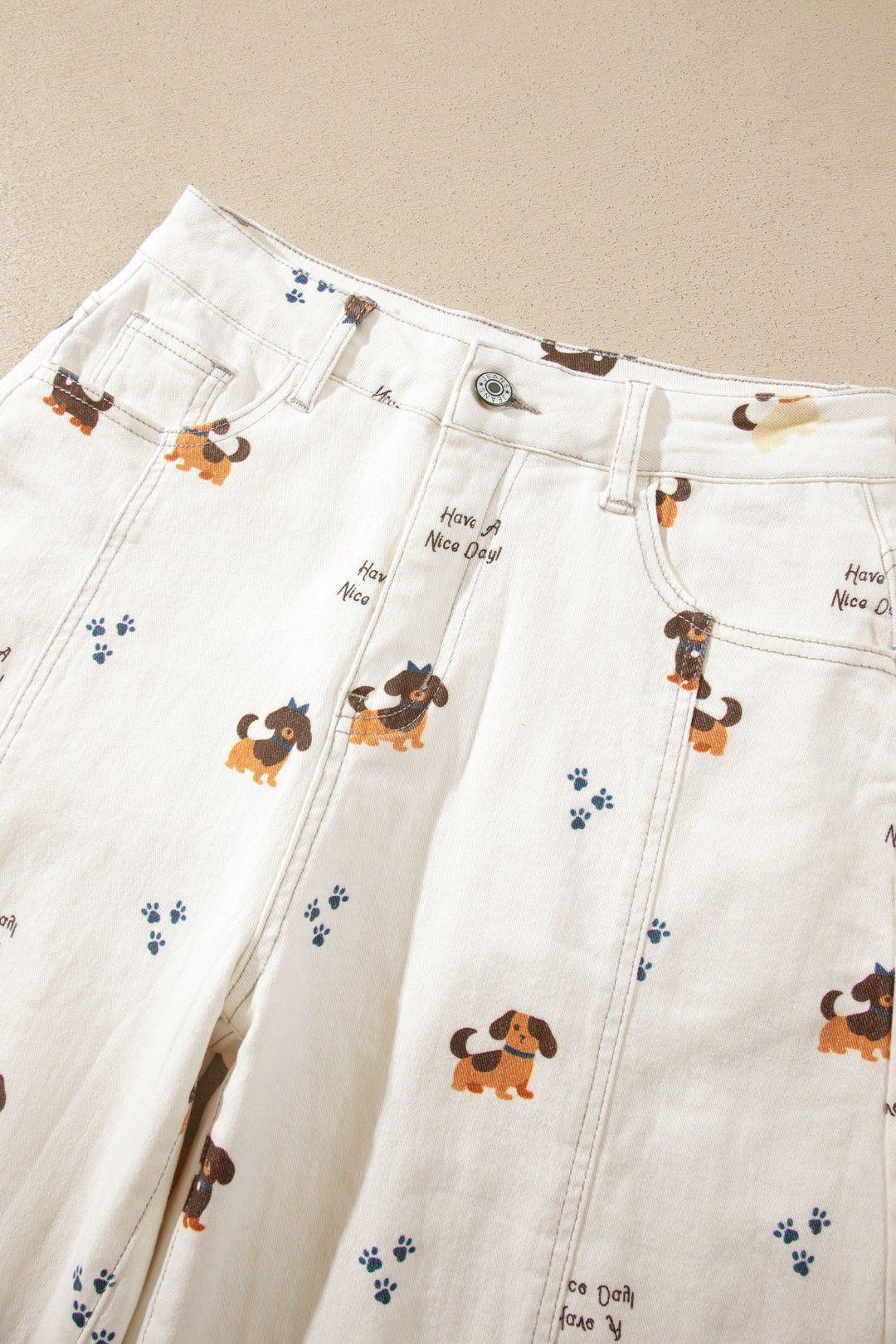 White Abstract Dog Print Wide Leg Full-Length Jeans