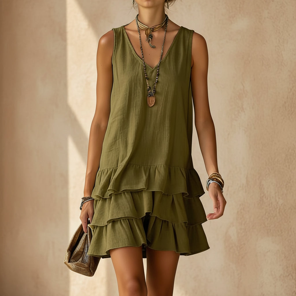V-Neck Sleeveless Tiered Ruffle Mini Dress