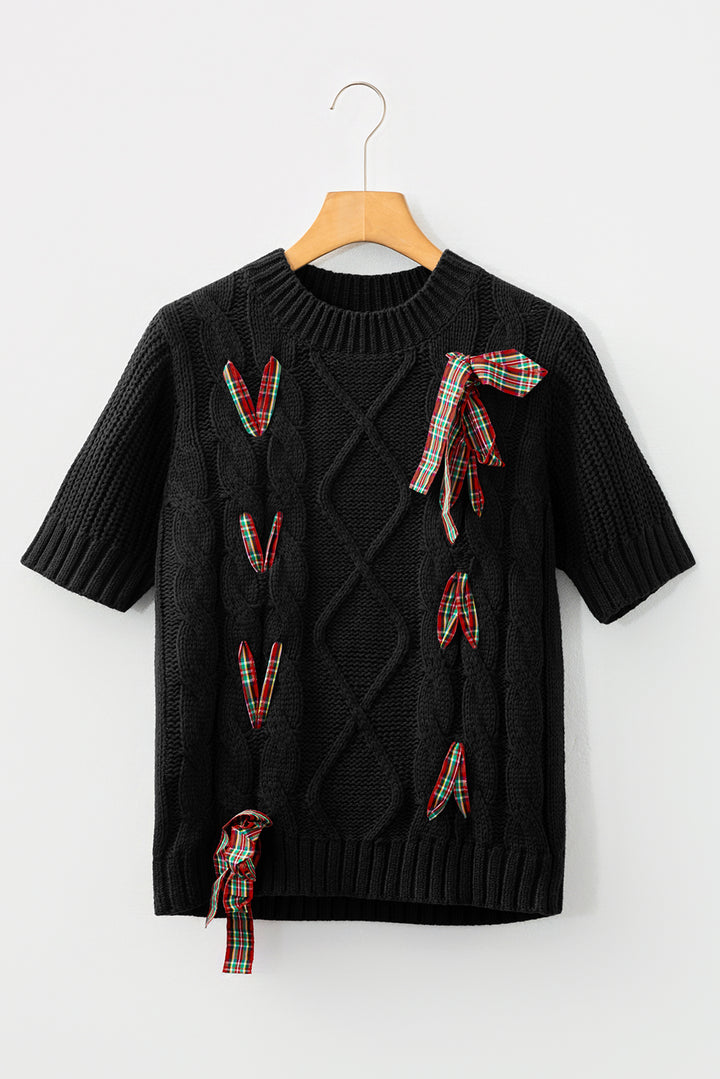 Black Plaid Lace up Detail Christmas Holiday Puff Short Sleeve Sweater