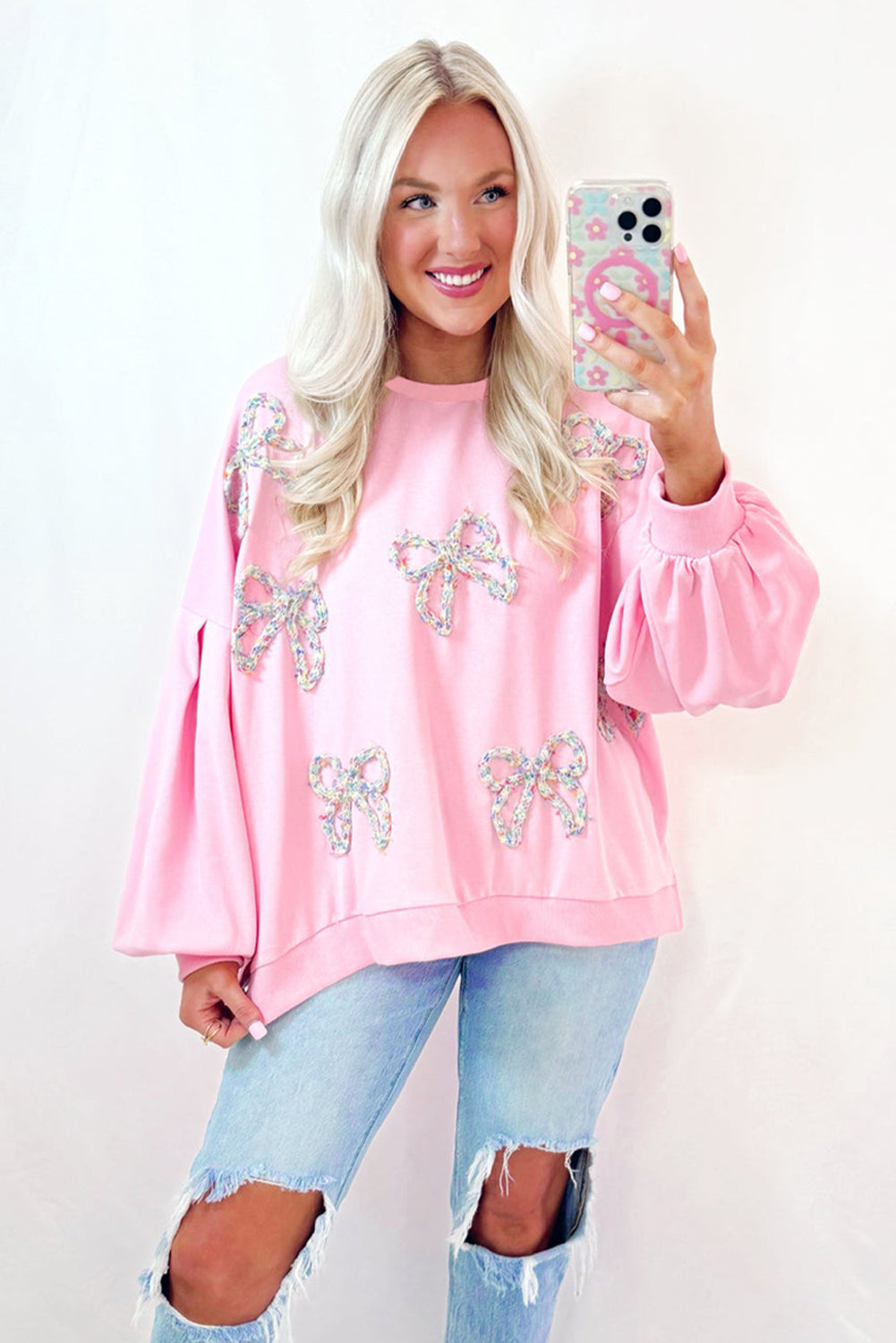 Parchment Embroidered Bow Lantern Sleeve Oversized Pullover Sweatshirt