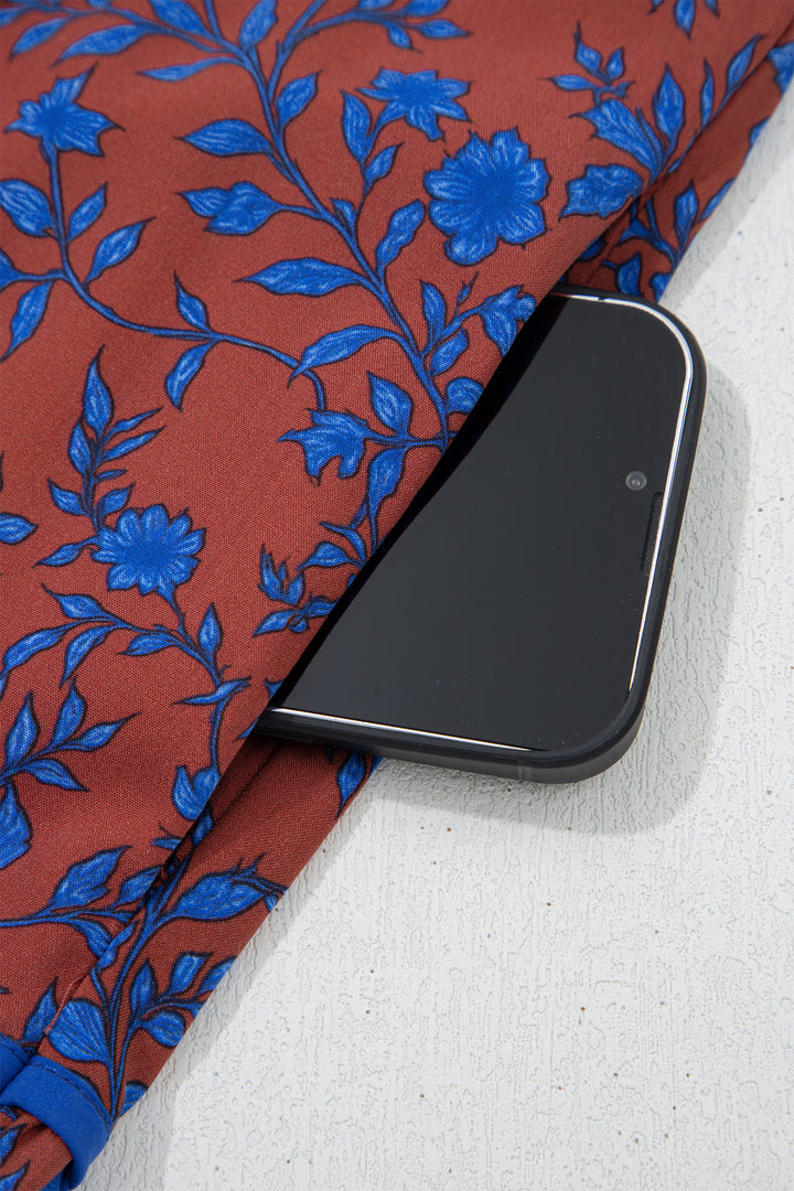 Brown 3/4 Puff Sleeve Tiered Loose Floral Dress