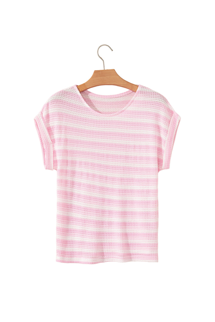 Pink Striped Print Waffle Knit T Shirt