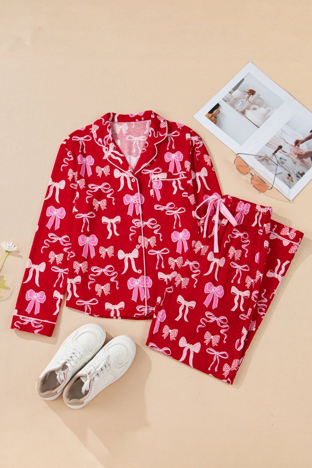 Red Sweet Bow Print Shirt Style Top Long 2pcs Pajama Set