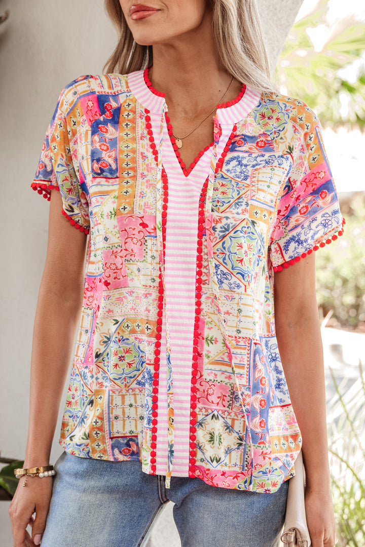 Red Mixed Print V Neck Short Sleeve Blouse