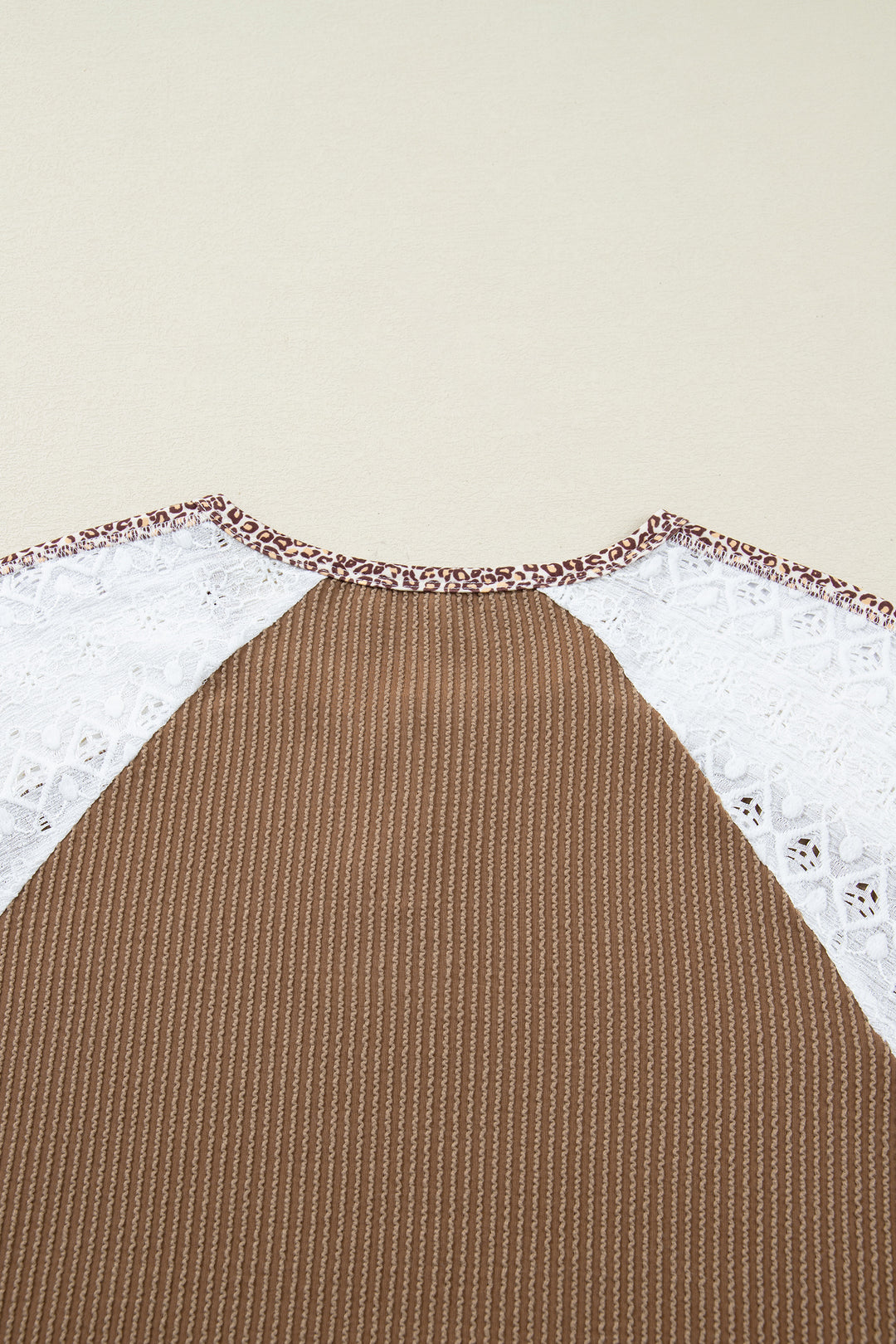 Dark Khaki Twisted Ribbed Leopard Lace Contrast Patchwork Long Sleeve Top