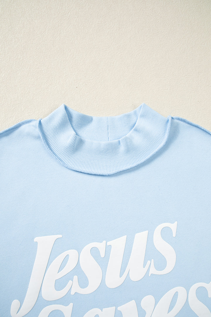Mist Blue Jesus Saves Slogan Print Stand Neck Baggy Sweatshirt