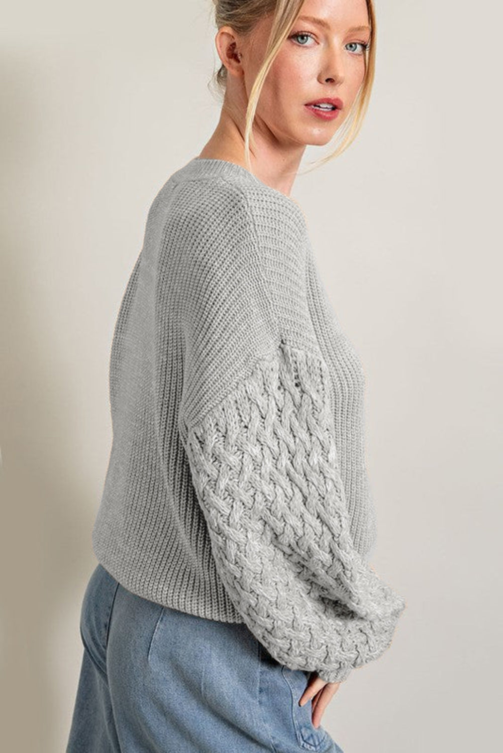 Parchment Cable Knit Sleeve Drop Shoulder Sweater