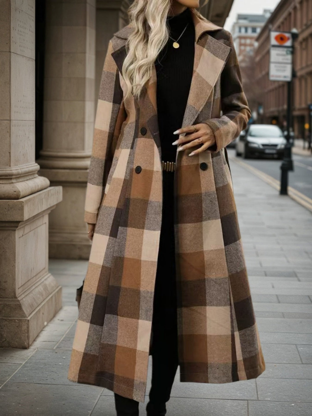 Women’s Lapel Woolen Double-Breasted Coat – Lace-Up Long Windbreaker