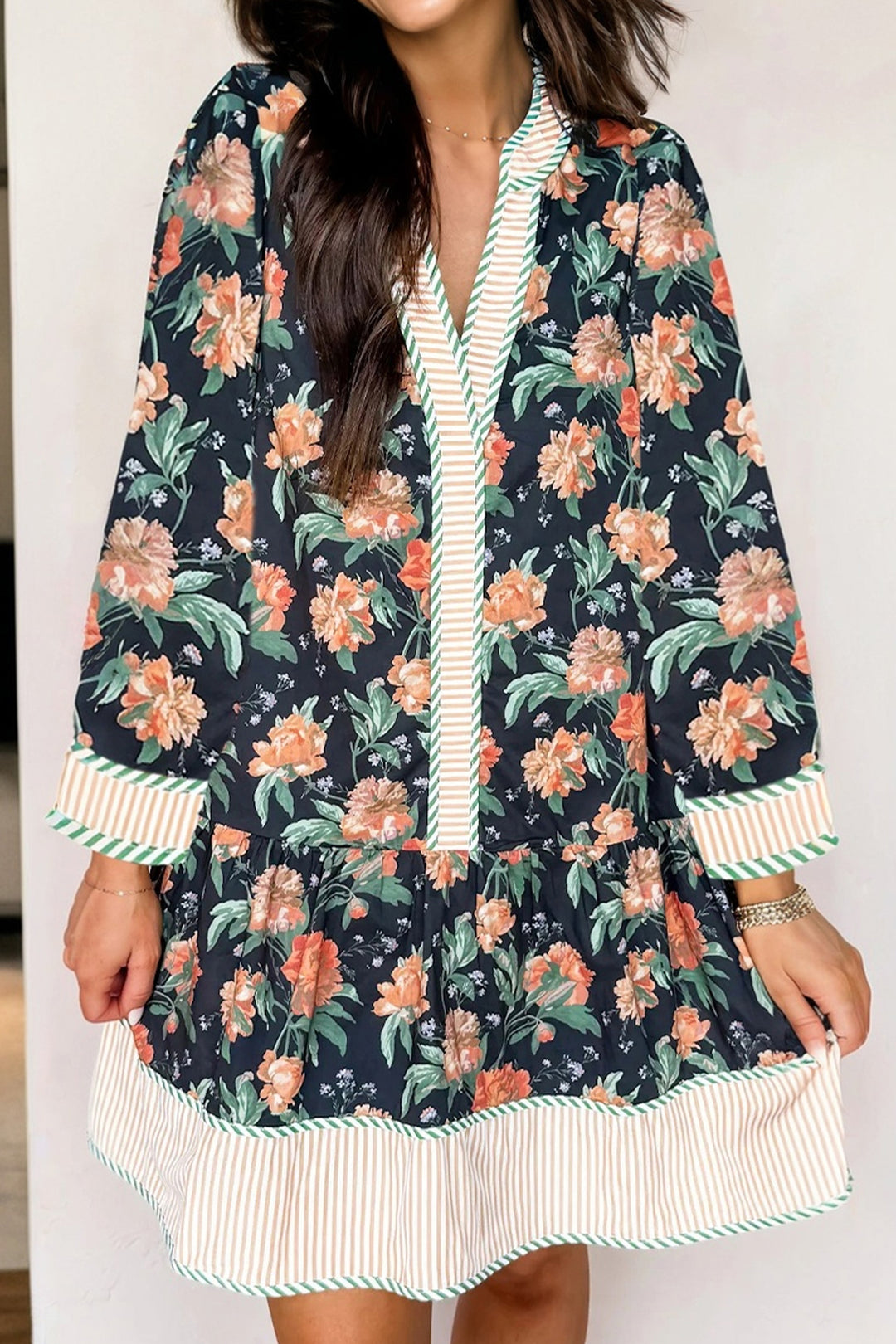 Blue Floral Print Striped Trim V Neck Long Sleeve Ruffle Hem Shift Mini Dress