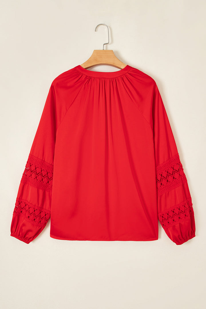 Fiery Red Patchwork Lace Long Sleeve V Neck Button Front Shirt