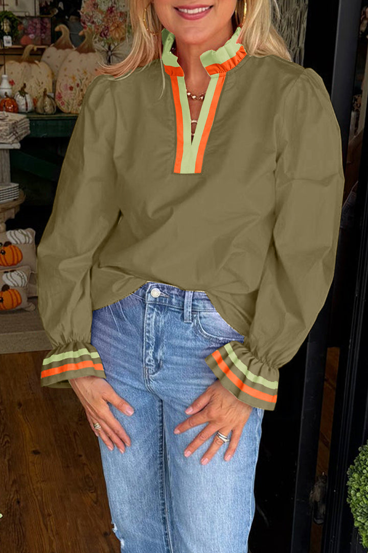 Black Striped Trim Ruffle Split Neck Long Sleeve Blouse