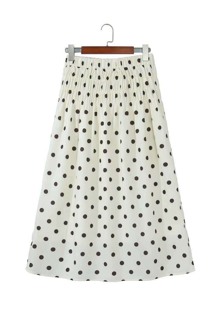 Beige Stripe Polka Dot Print Smocked High Waist Long Skirt