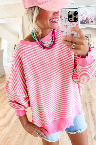 Pink Stripe Loose Drop Shoulder Long Sleeve Top