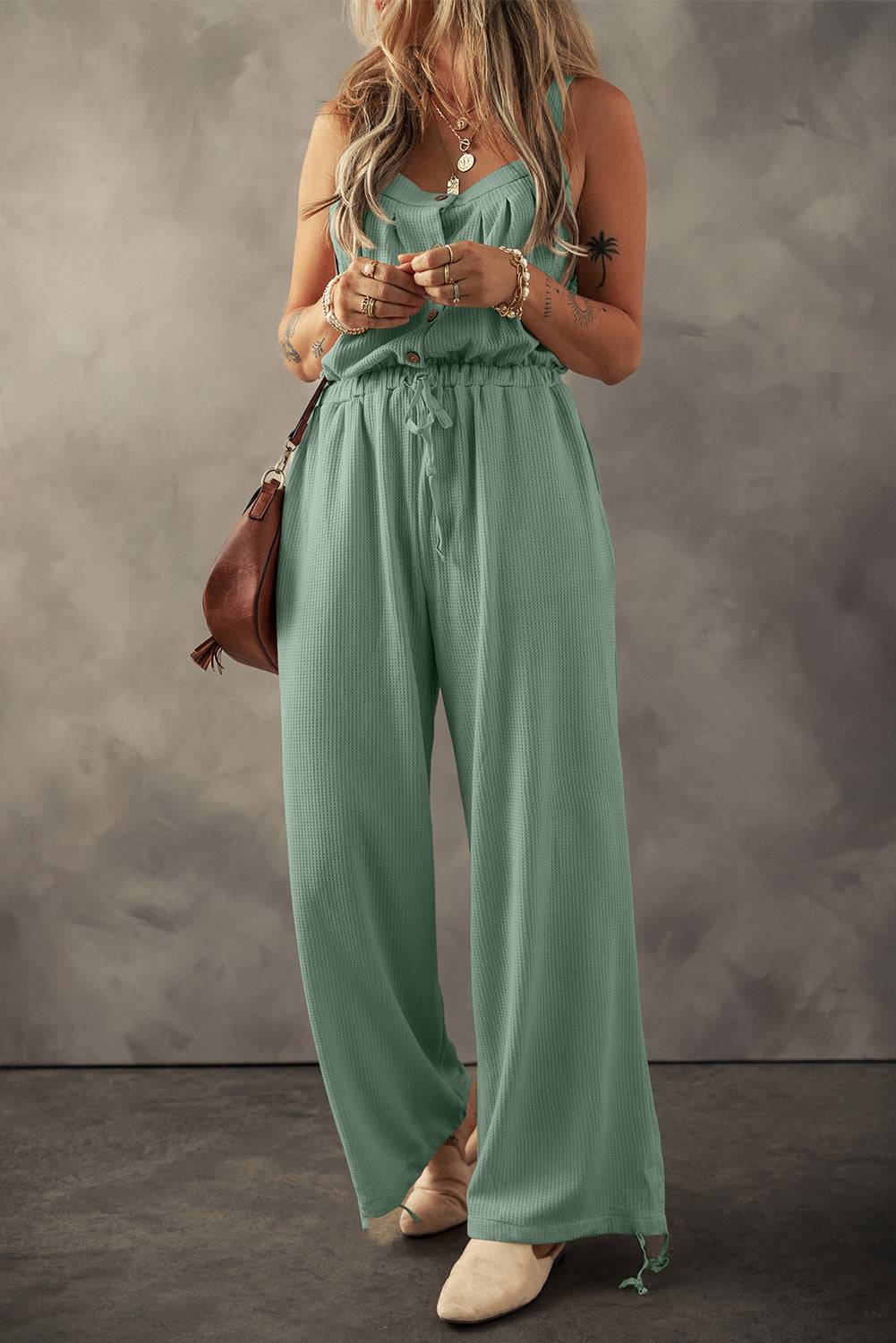 Moss Green Knotted Straps Button Textured Drawstring Jumpsuit