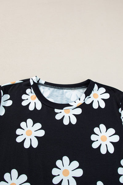 Black Daisy Printed Crewneck T Shirt