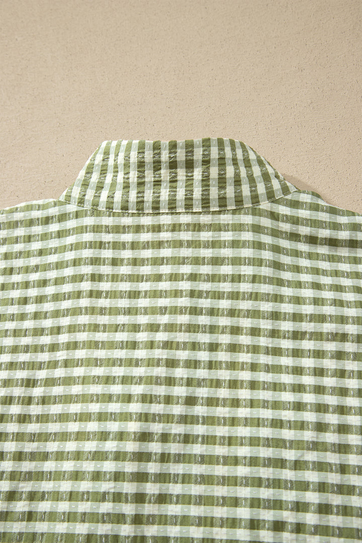 Red Plaid Short Sleeve Colorblock Trim Split Neck Blouse