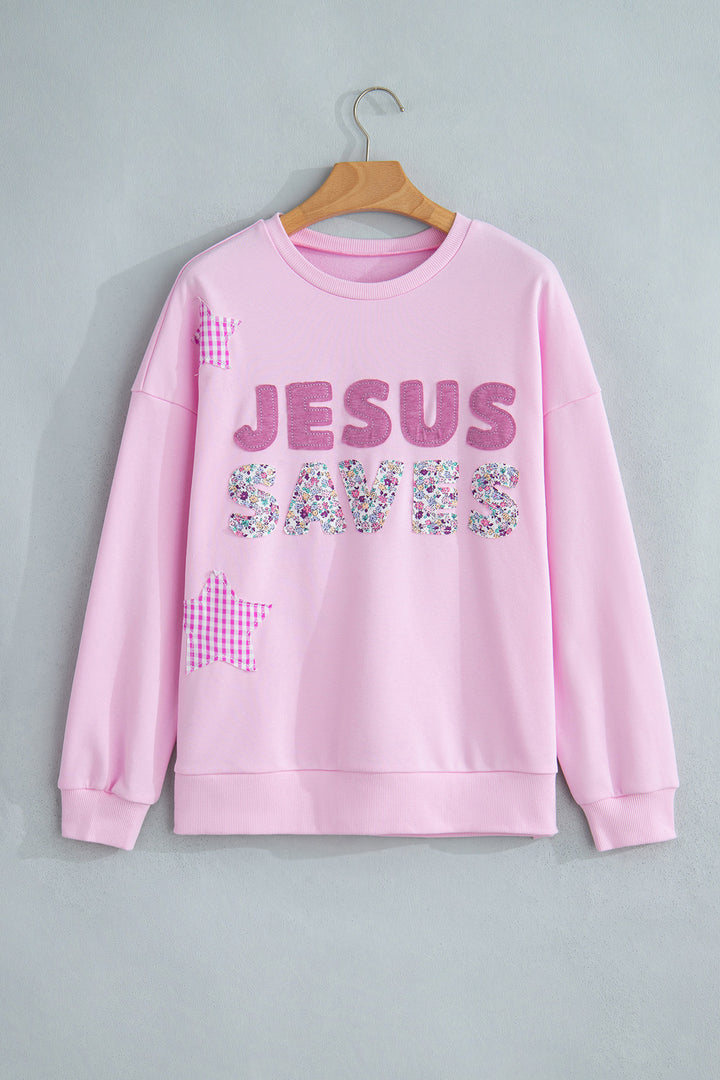 Pink JESUS SAVES Gingham Star Patchwork Detail Plus Size Sweatshirt