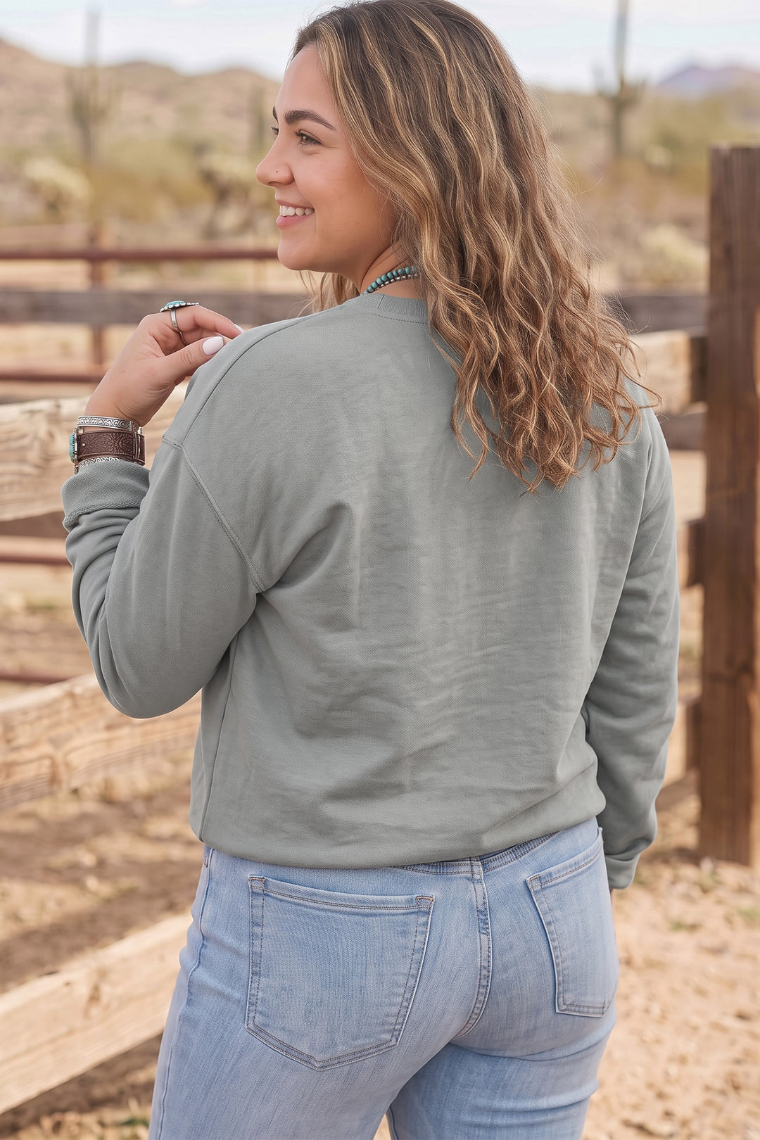 Coffee PRAY Letter Patchwork Round Neck Long Sleeve Plus Size Sweatshirt