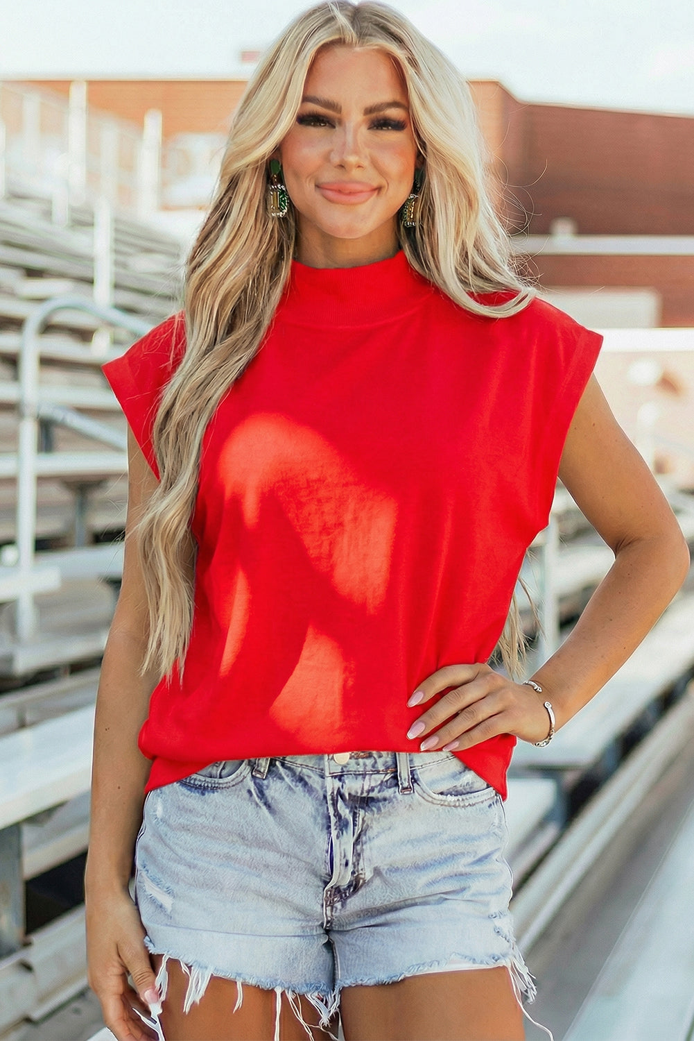 Black Solid Color High Neck Cap Sleeve Loose Top