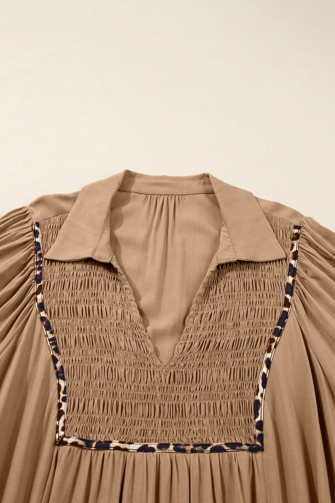 Chestnut Smocked V Neckline Leopard Piping Accent Bracelet Plus Size Long Dress