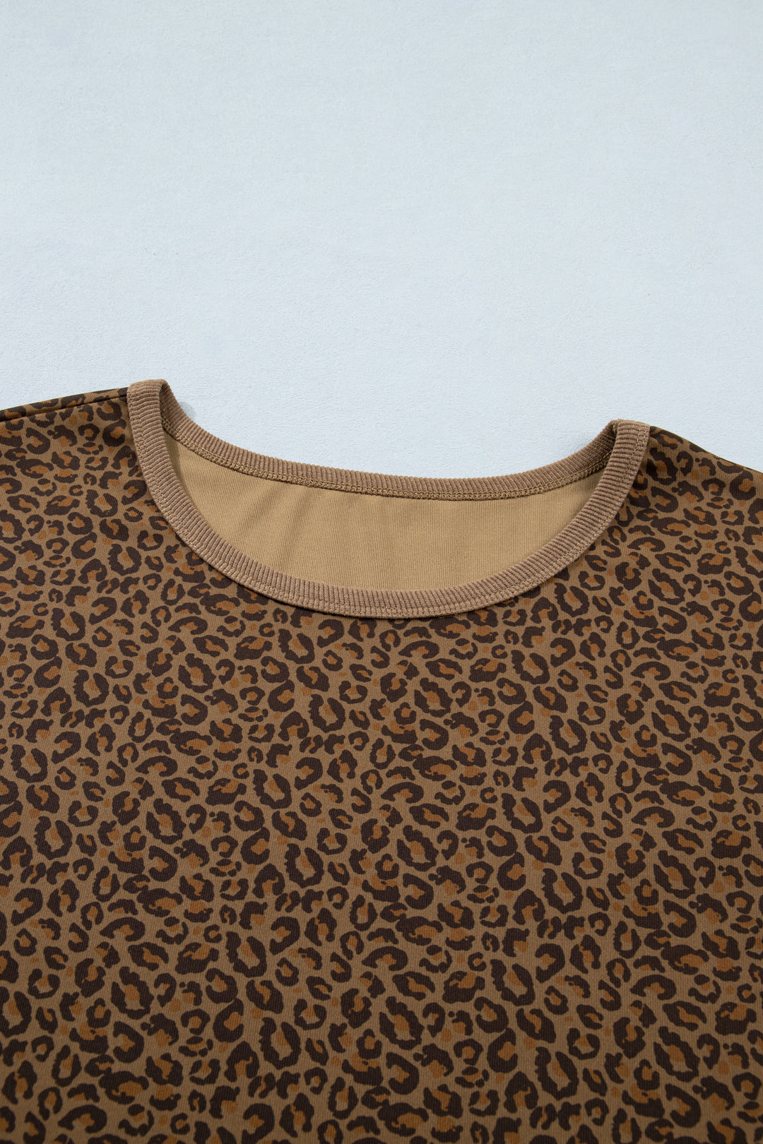 Khaki Plus Size Leopard Print Ribbed Trim Round Neck Tee