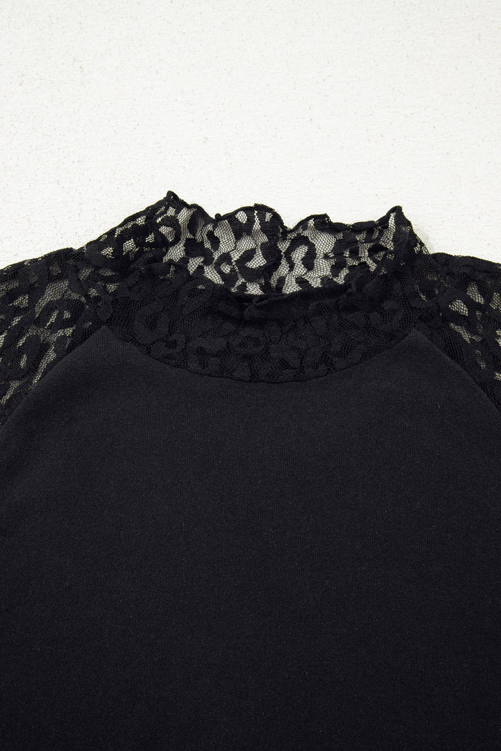 Black Leopard Mesh Patchwork Knit Long Sleeve Top