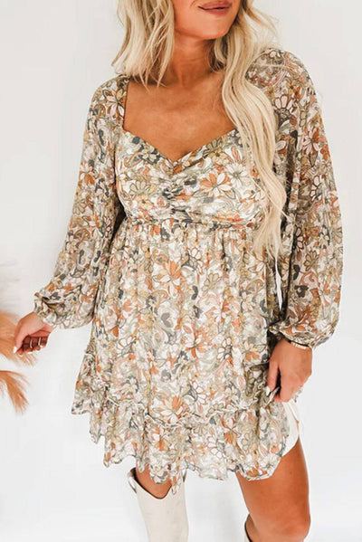 Floral Print Smocked Back Puff Sleeve Mini Dress