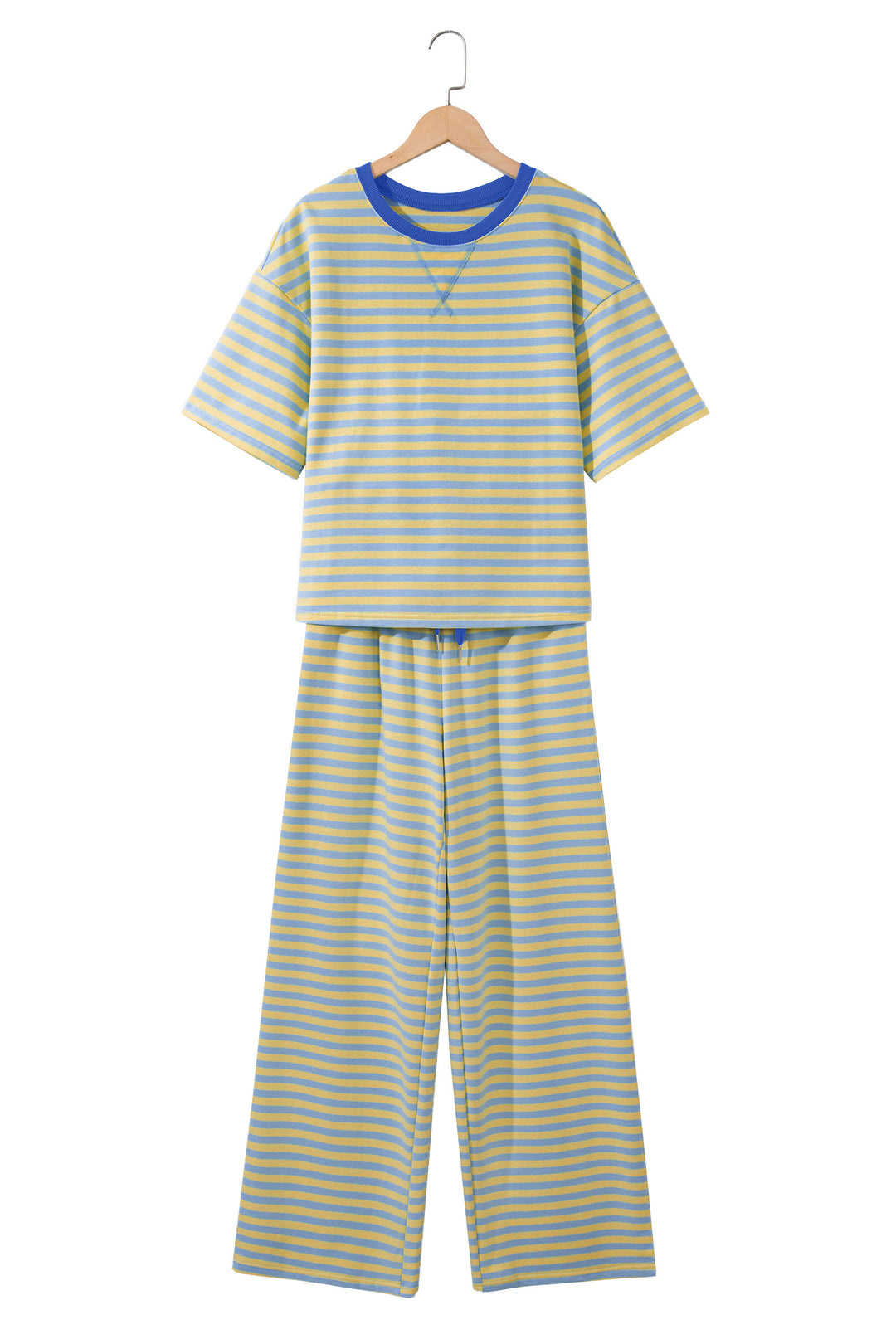 Pink Stripe Colorblock Trim Crew Neck Loose Tee Drawstring Elastic Waist 2pcs Pant Set