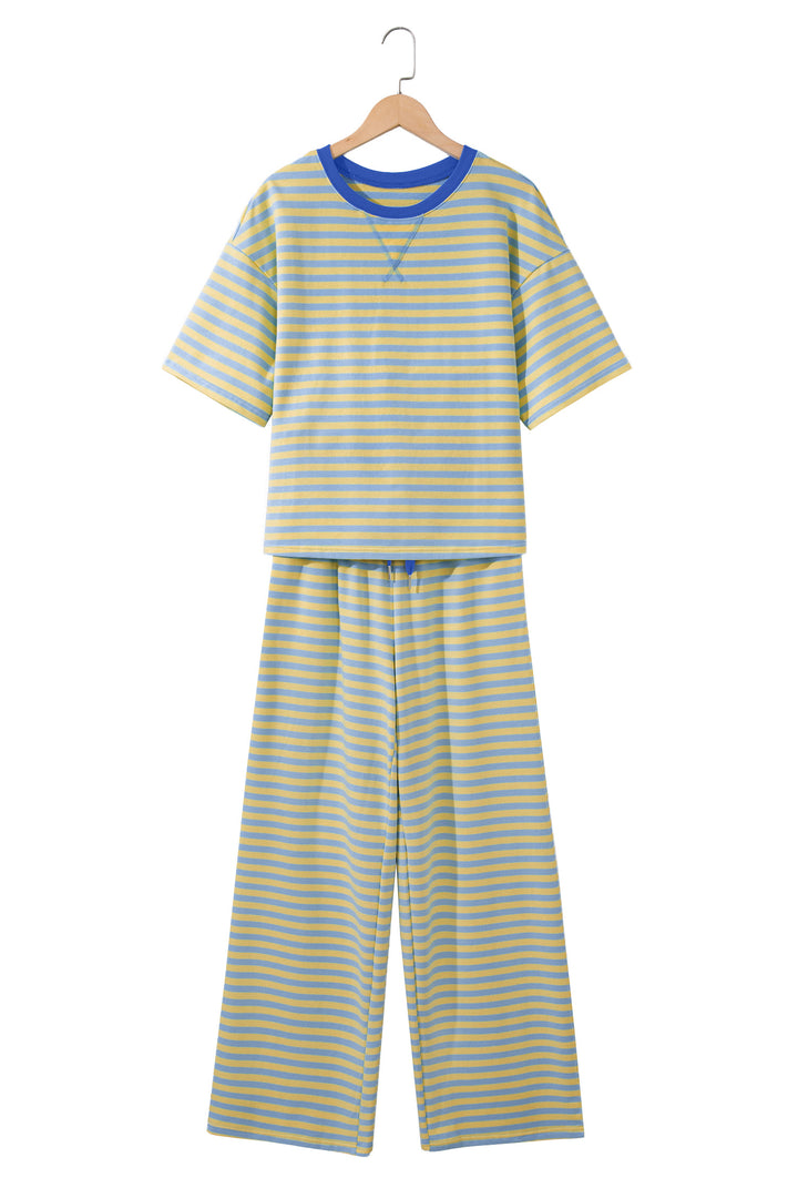 Pink Stripe Colorblock Trim Crew Neck Loose Tee Drawstring Elastic Waist 2pcs Pant Set