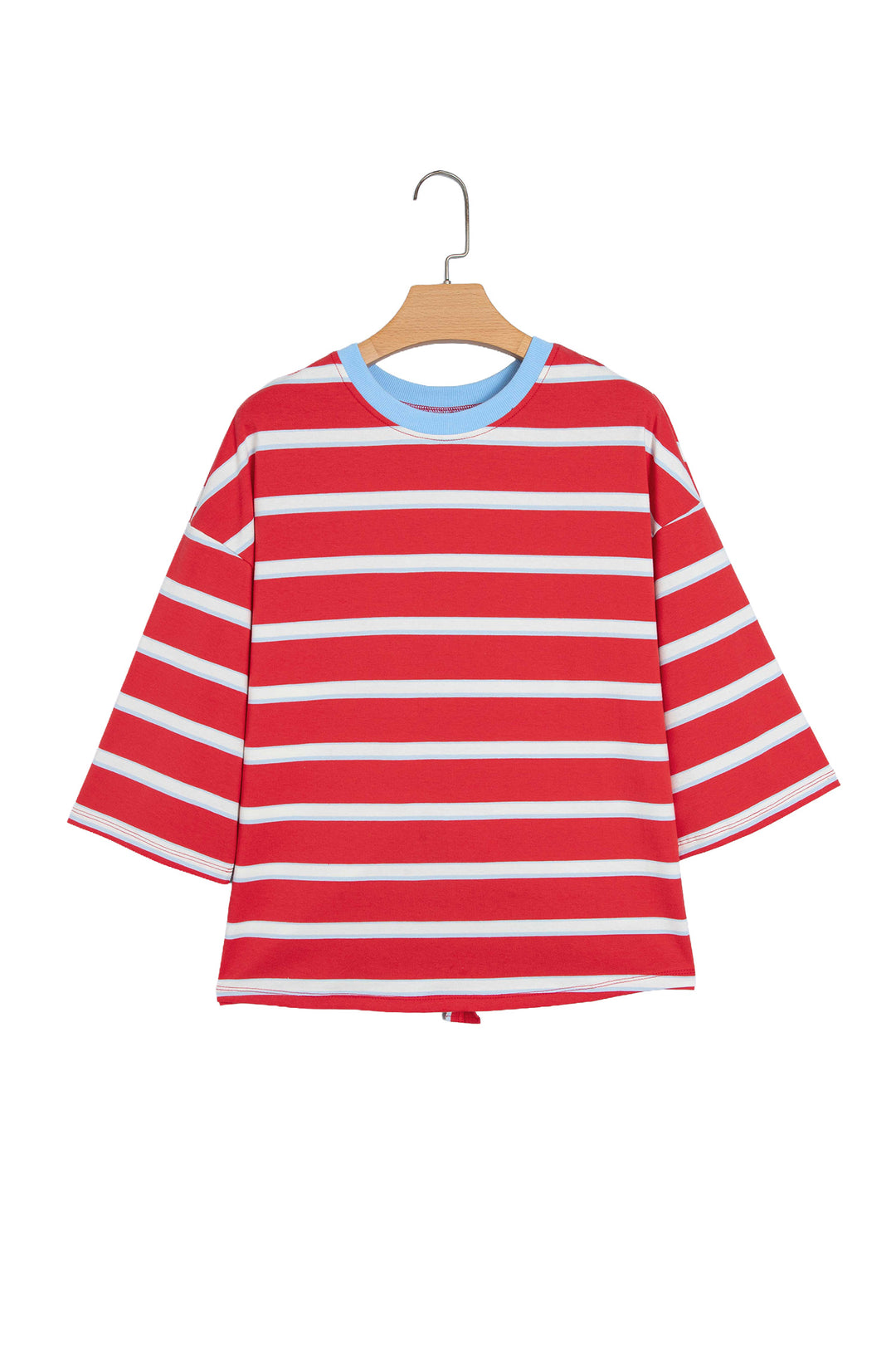 Racing Red Striped Bow Tie Hollowed Back 7/8 Sleeve Casual T-Shirt