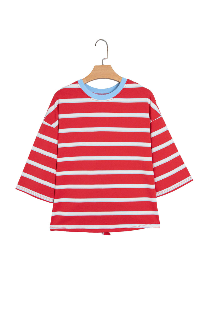 Racing Red Striped Bow Tie Hollowed Back 7/8 Sleeve Casual T-Shirt