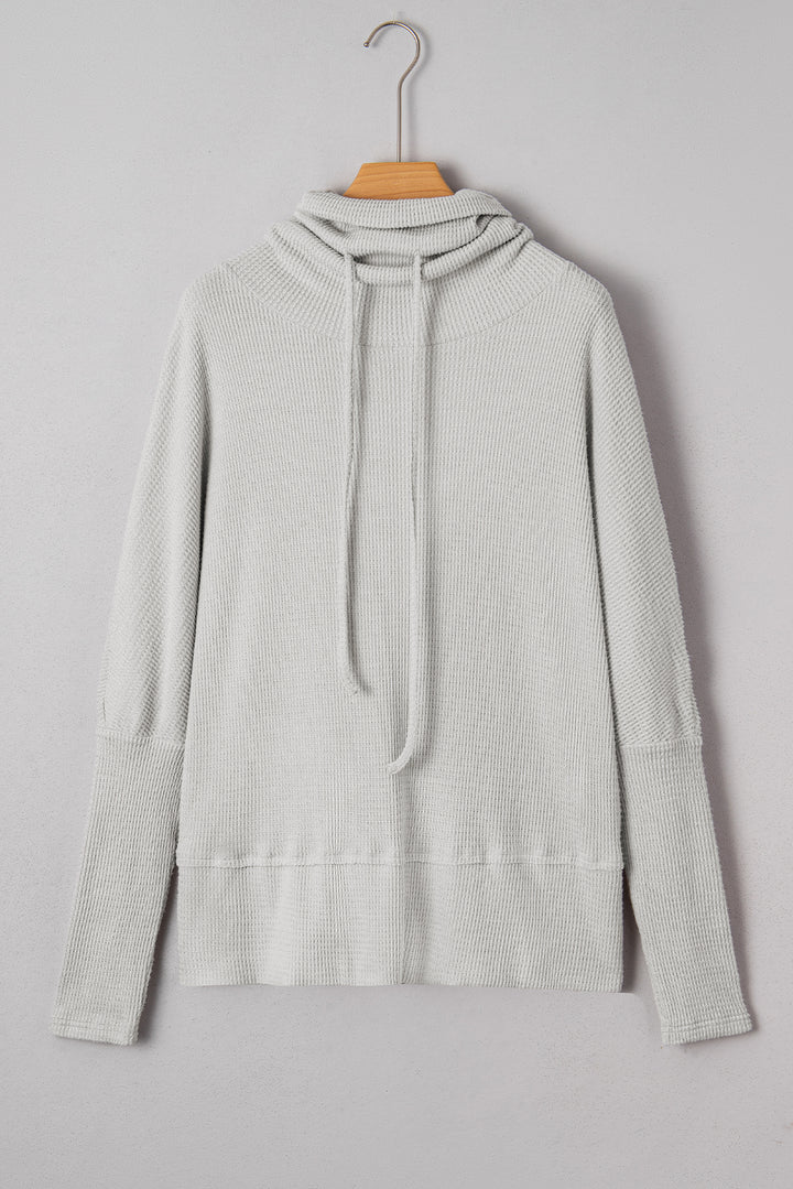 Light Grey Textured Knit Drawstring Cowl Neck Oversize Top with Side Slits