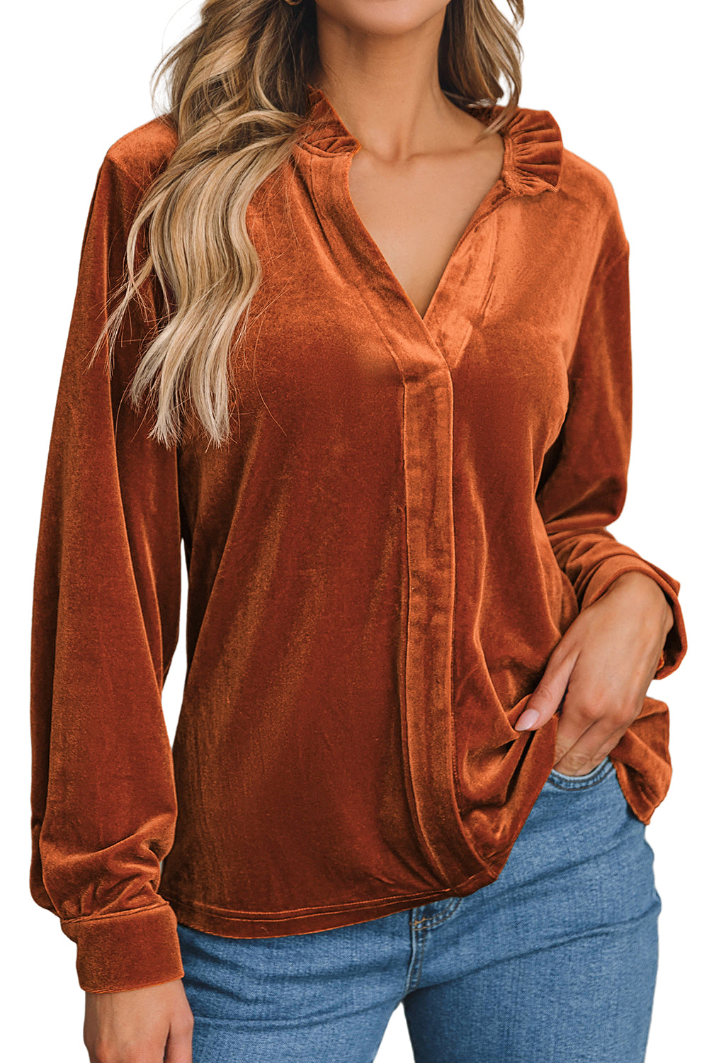 Gold Flame Frilled Collar Velvet Shirt