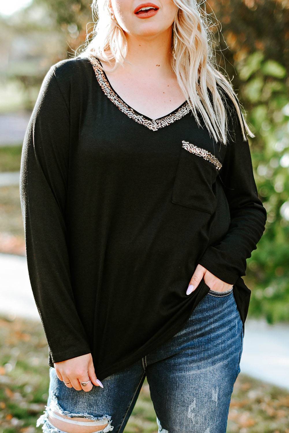 Black Long Sleeve Sequined V Neck Plus Size Top