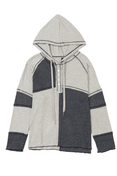 Gray Colorblock Seamed Ribbed Henley Hoodie