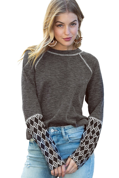 Gray Aztec Patchwork Ribbed Long Sleeve Top