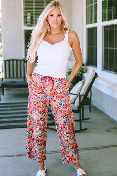 Fiery Red Gorgeous Print Drawstring Smocked High Waist Pants