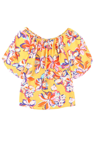 Yellow Floral Print Elastic Neckline Blouse