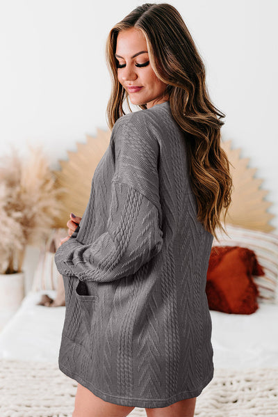 Medium Grey  Solid Textured Open Front Cardigan with Pocket