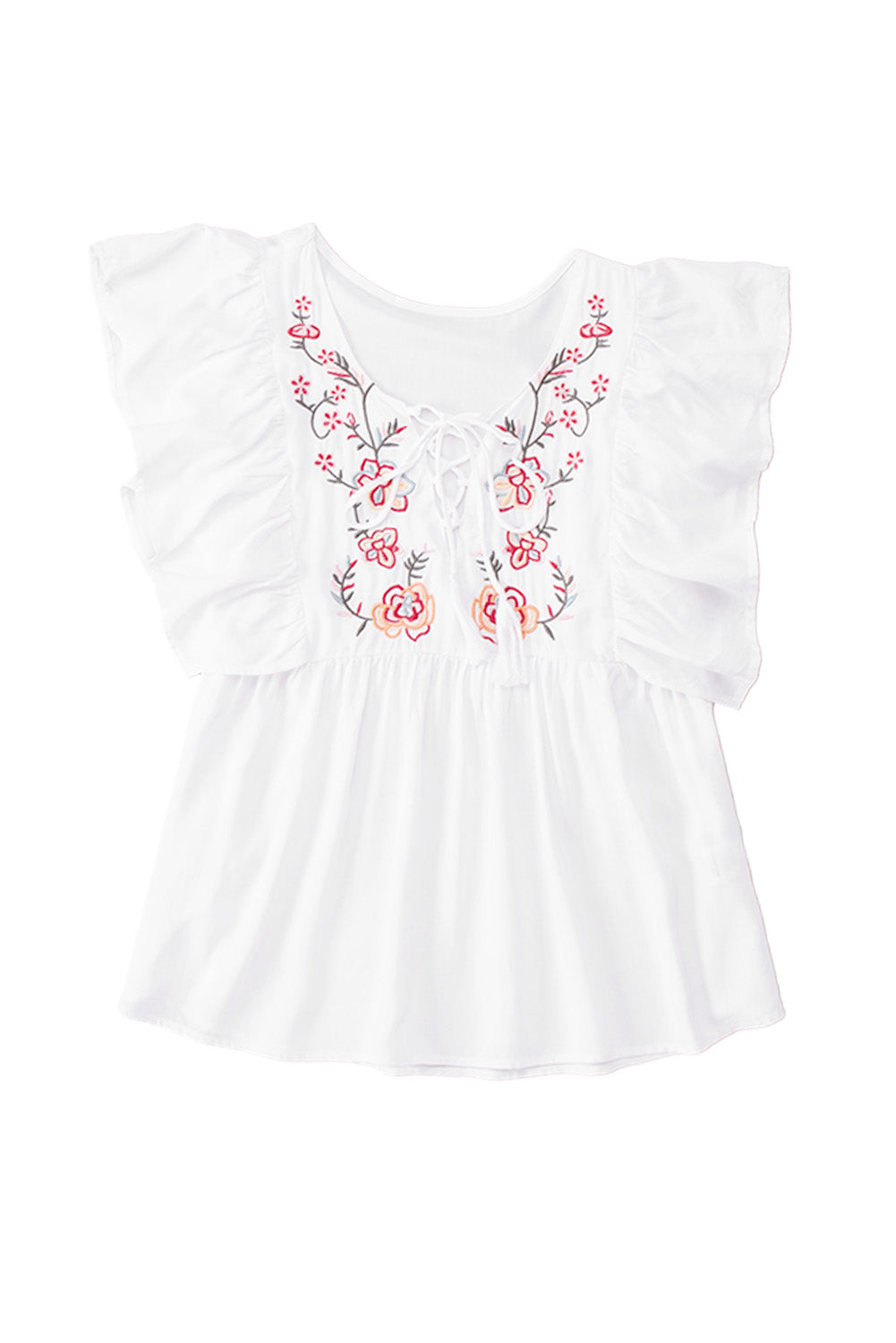 White Floral Embroidered Ruffled Lace-up V Neck Top