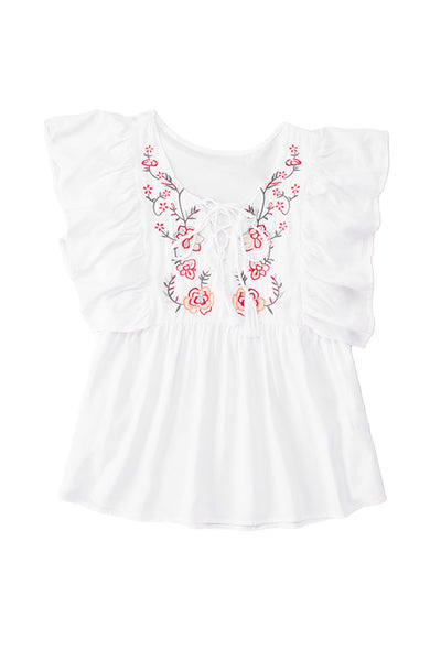 White Floral Embroidered Ruffled Lace-up V Neck Top