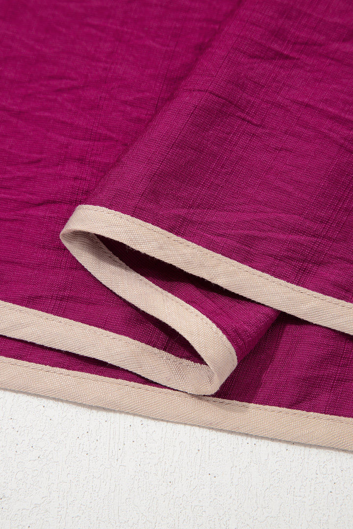 Wild Ginger Plus Size Contrast Trim Button V Neck Puffy Bracelet Sleeve Blouse