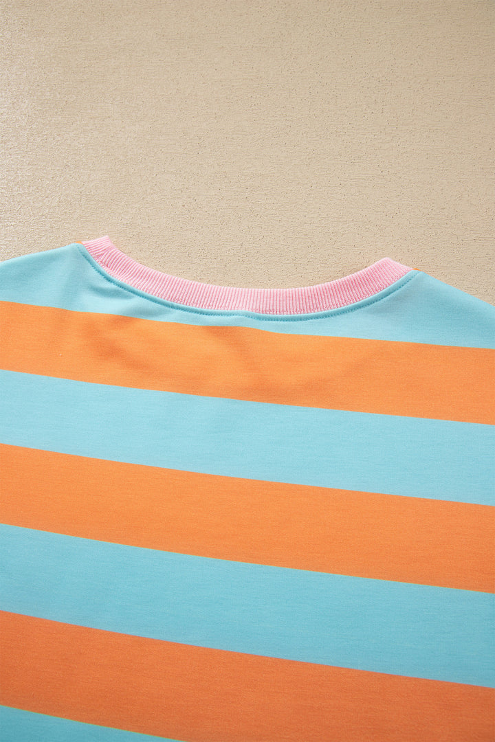 Orange Stripe Ribbed Color Block Trim Round Neck Long Sleeve Shift Top